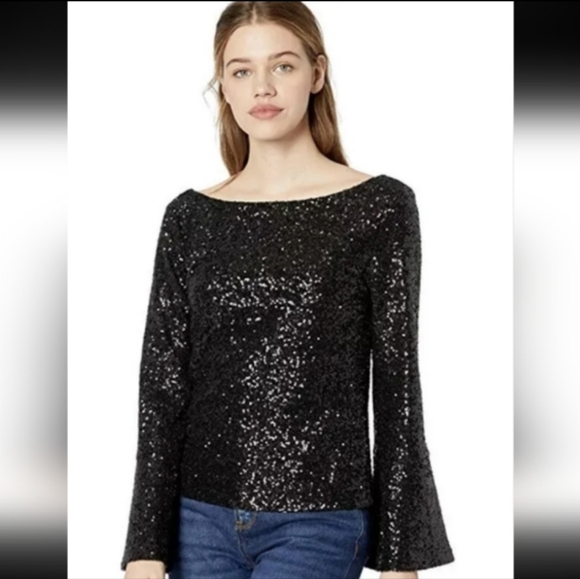 BB Dakota Black Bell Sleeve Sequin Top - Picture 2 of 12